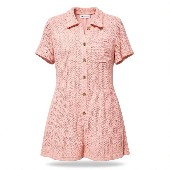 HEYSON Pants - HEYSON Pink Crochet Knit Short Sleeve Romper M